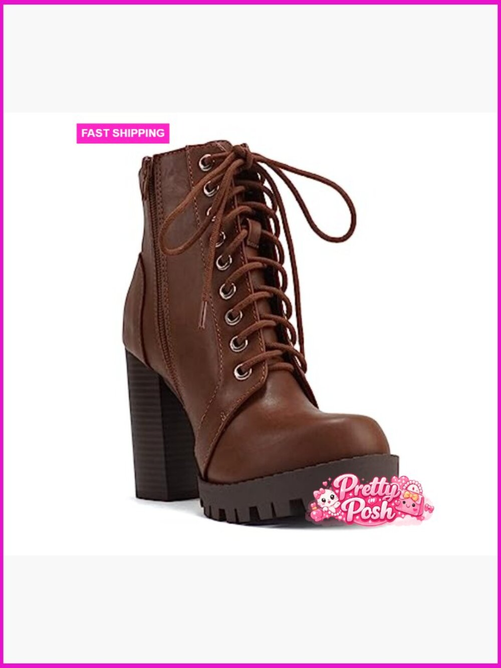 Fashion Lace Up Military Inspired Ankle Boot with Stacked Heel and Side Zipper - Picture 4 of 4